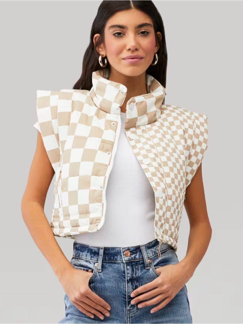 Beach Riot Canyon Puffer Vest, Checkered Taupe/Brown & White, S